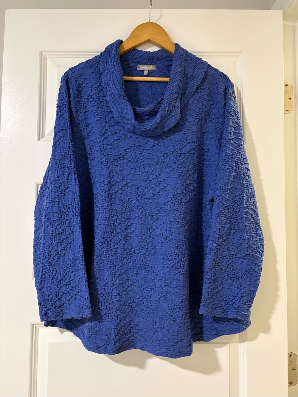 Habitat Textured Cotton Blend Cowl Neck Long Sleeve Blue Top Women's Artsy Lagen